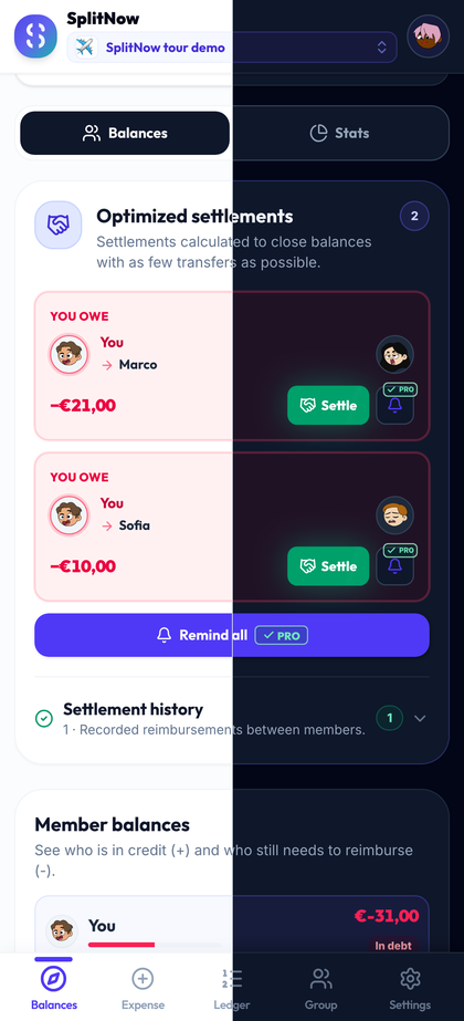 SplitNow Balances screen