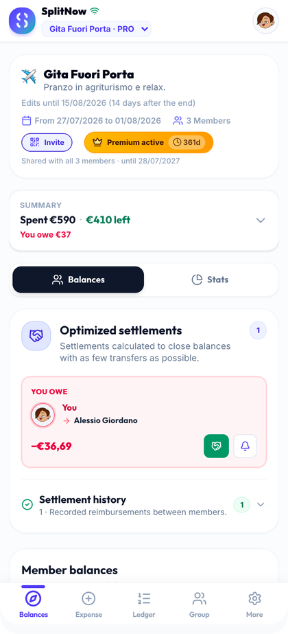 SplitNow Balances screen